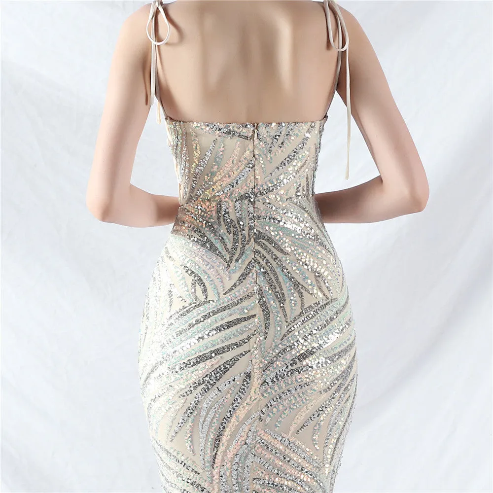 Elegant V-Neck Tube Top Sequin Evening Dress
