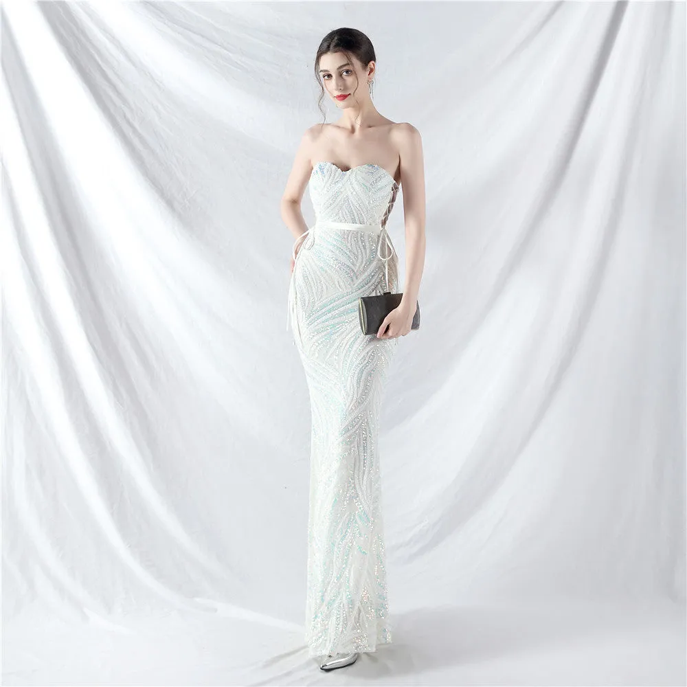 Elegant V-Neck Tube Top Sequin Evening Dress