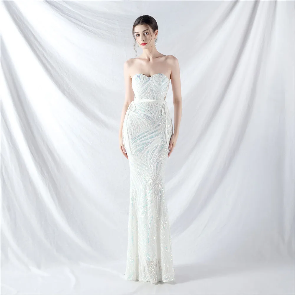 Elegant V-Neck Tube Top Sequin Evening Dress