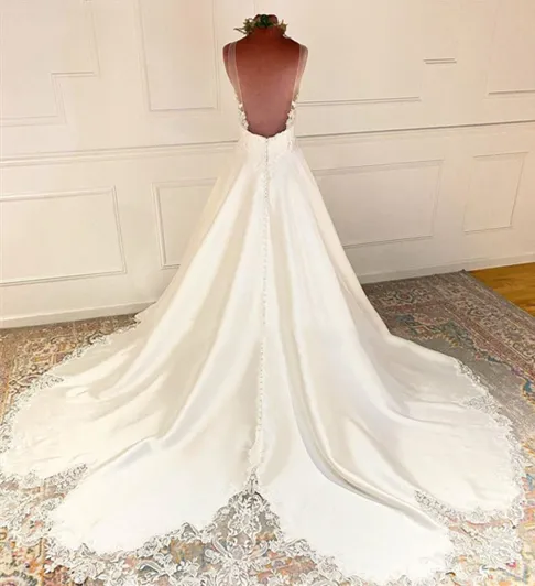 Elegant Vintage Lace Applique Illusion V-neck A-line Long Wedding Dress, WD3000