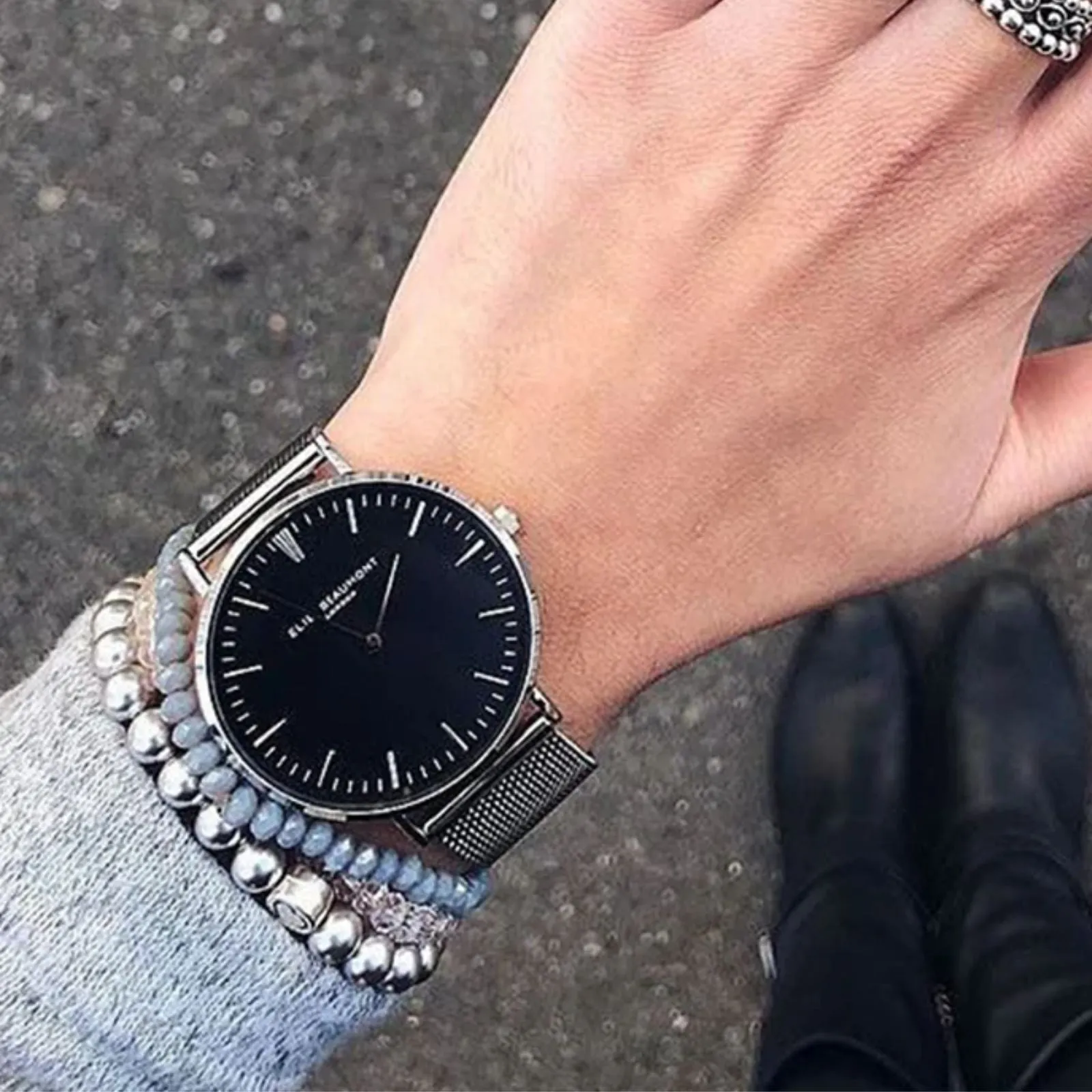 Elie Beaumont Large Dial Mesh Watch - Silver Black