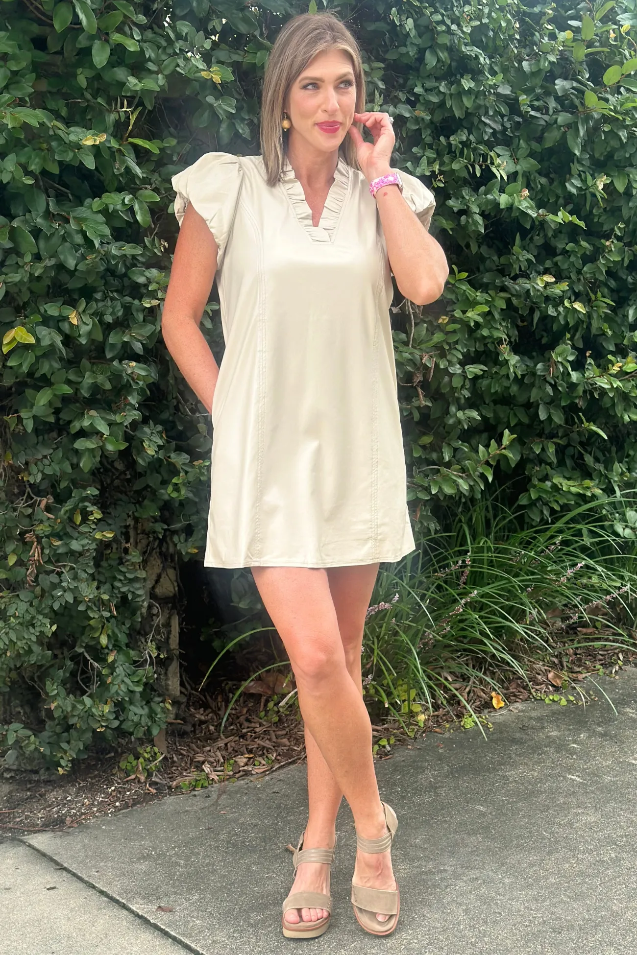 Elsie Faux Leather Ruffle V-Neck Dress