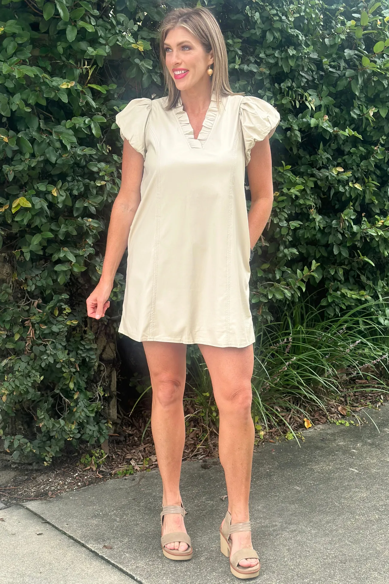 Elsie Faux Leather Ruffle V-Neck Dress