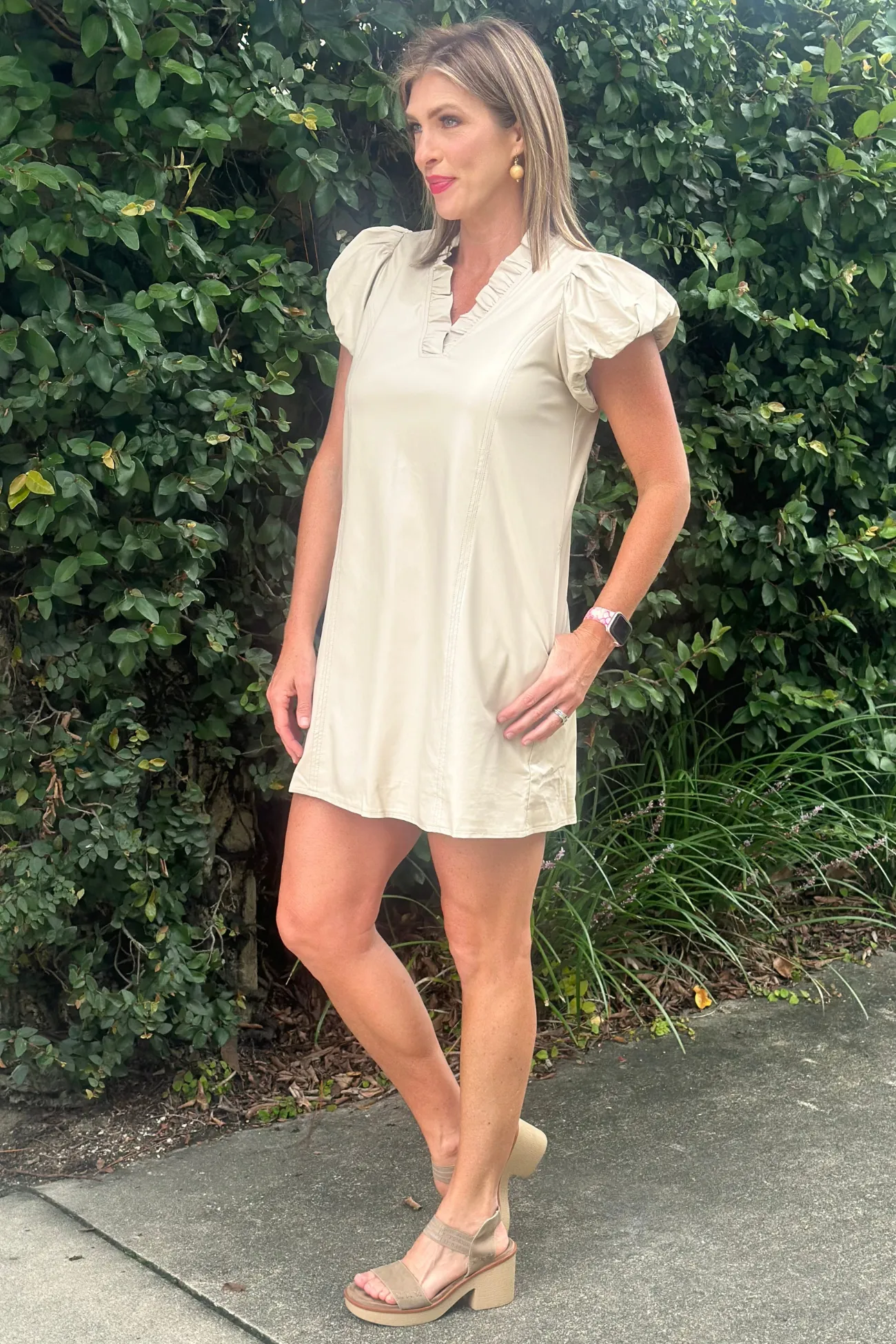 Elsie Faux Leather Ruffle V-Neck Dress