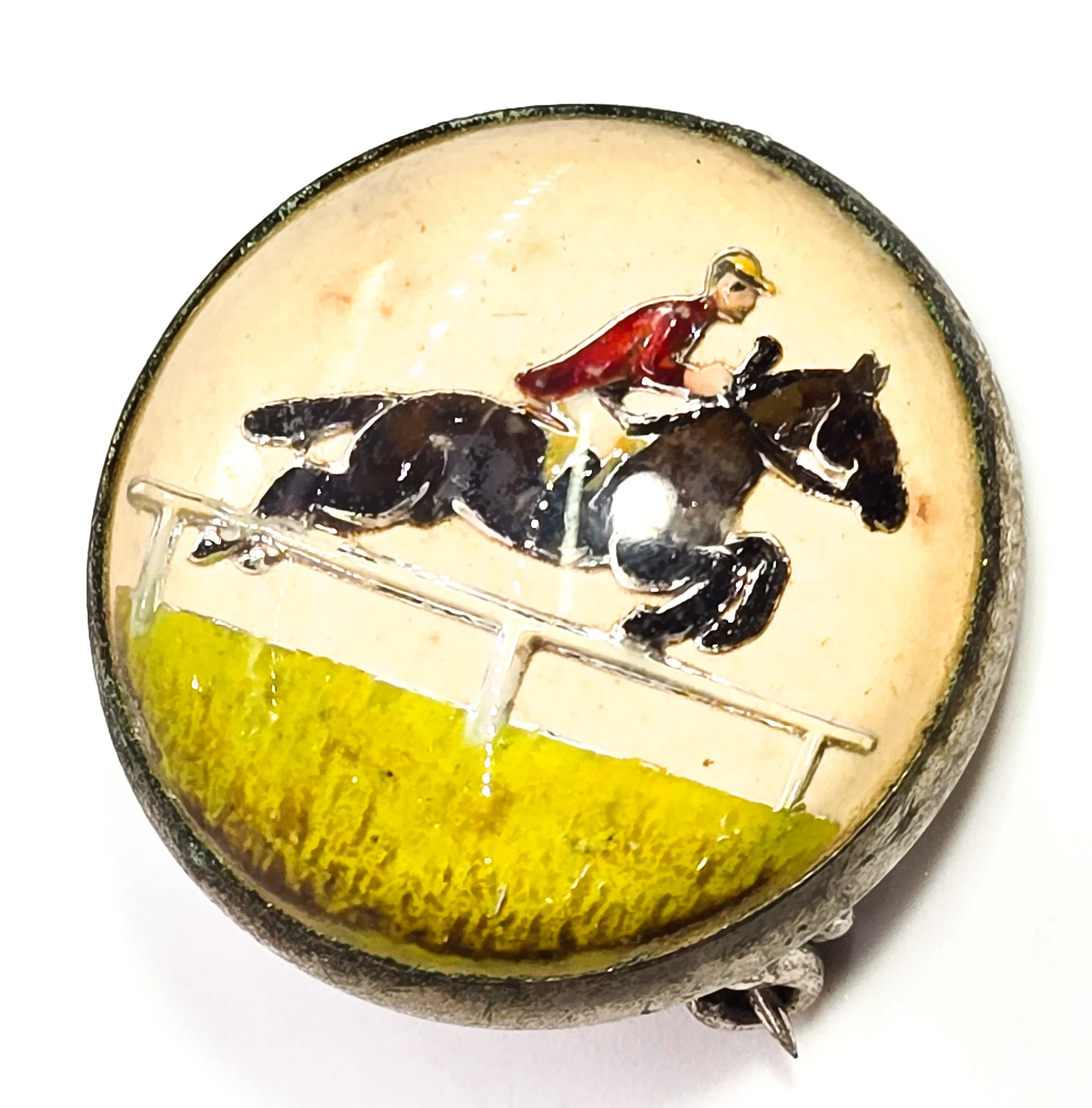 Equestrian Horse jumping intaglio goofus glass mercury painted vintage brooch