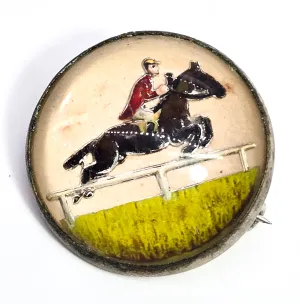Equestrian Horse jumping intaglio goofus glass mercury painted vintage brooch