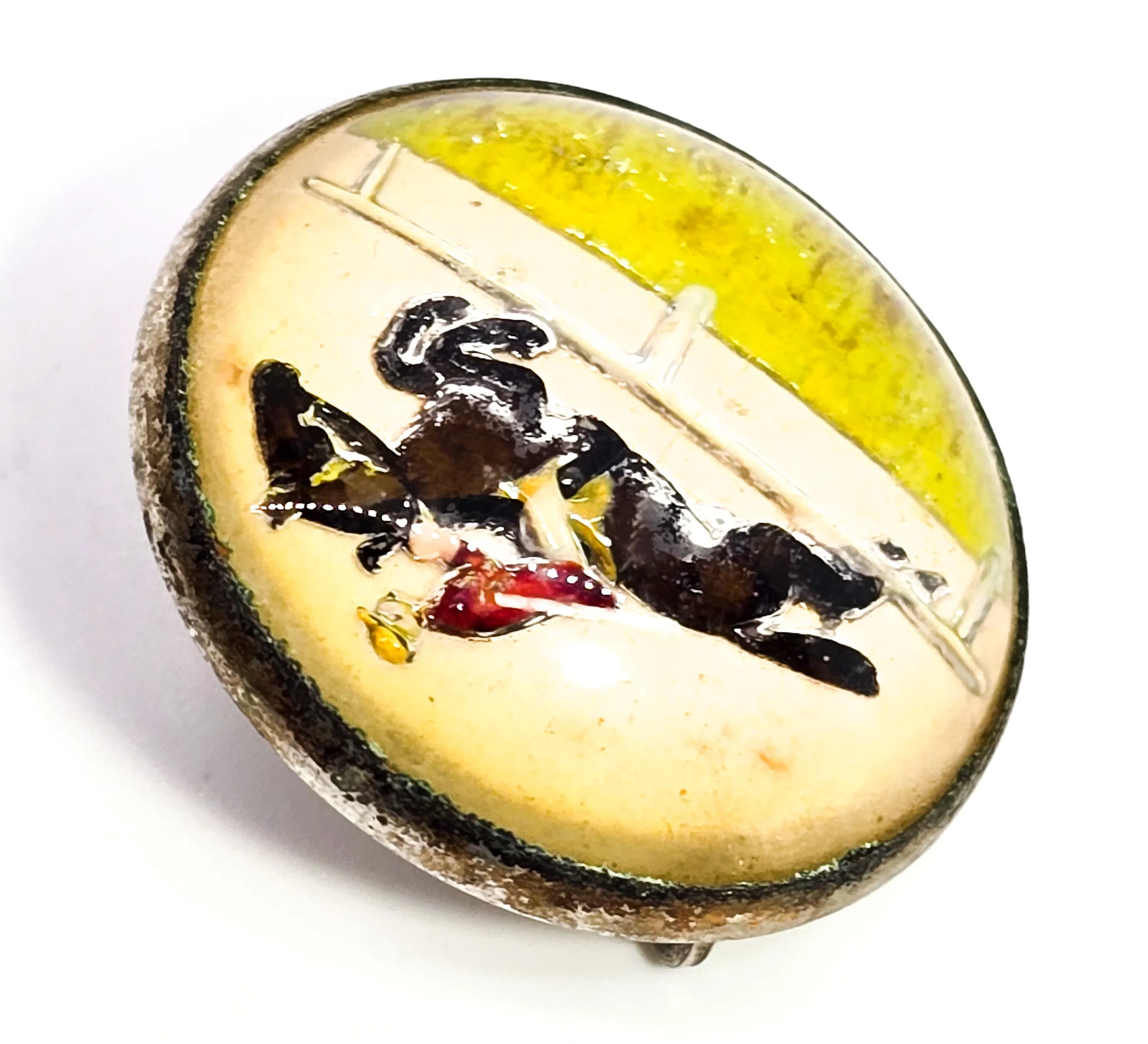Equestrian Horse jumping intaglio goofus glass mercury painted vintage brooch