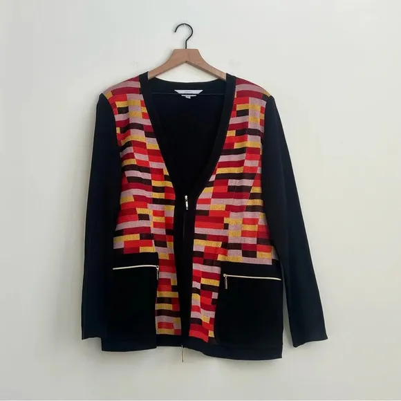 EXCLUSIVELY MISOOK Knit Cardigan Jacket Metallic Mosaic Zip Front Pockets XL