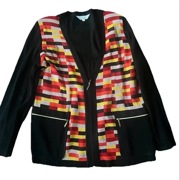 EXCLUSIVELY MISOOK Knit Cardigan Jacket Metallic Mosaic Zip Front Pockets XL