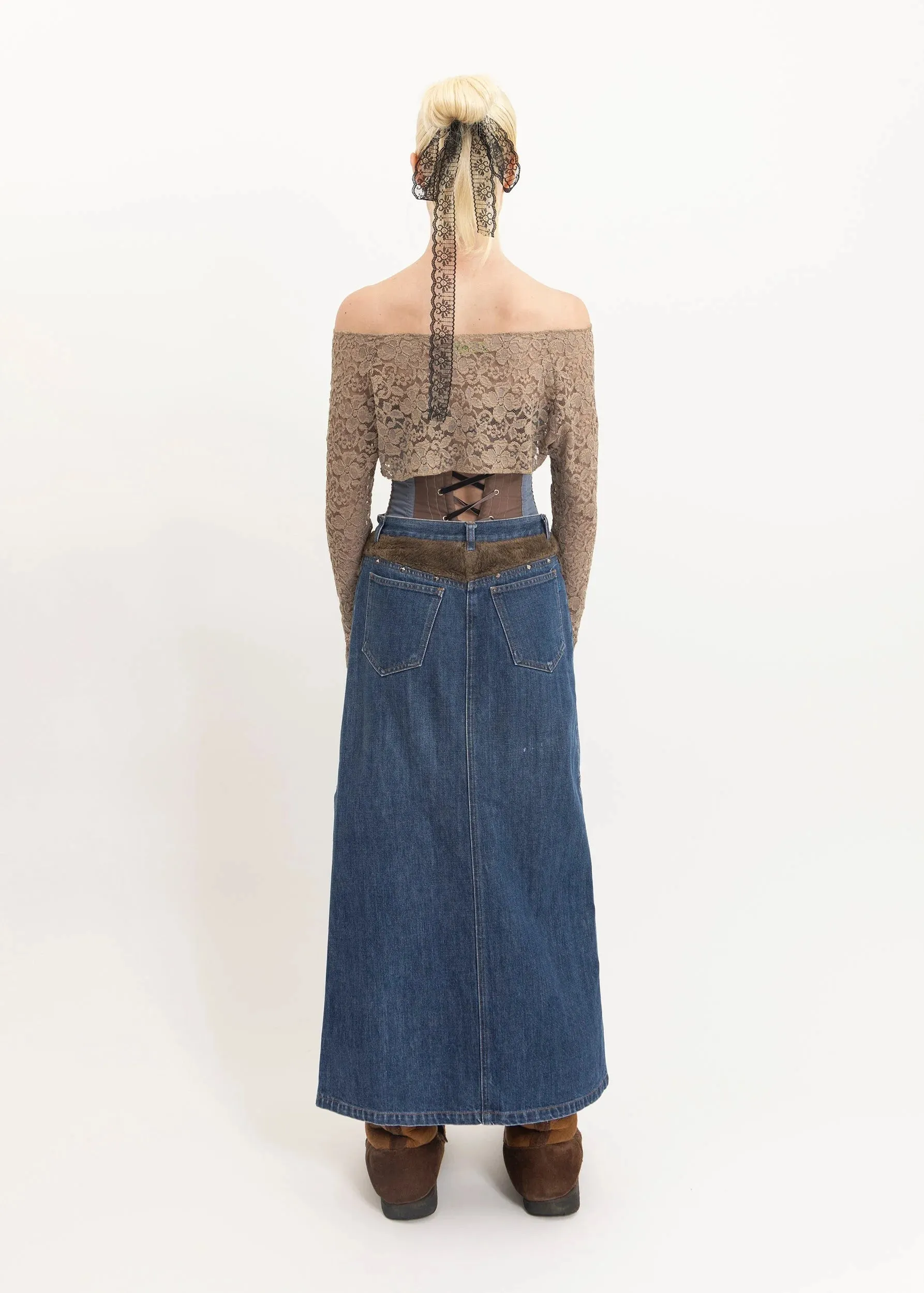 Faux fur insert denim maxi skirt