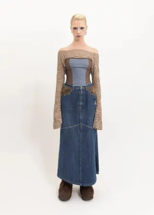Faux fur insert denim maxi skirt