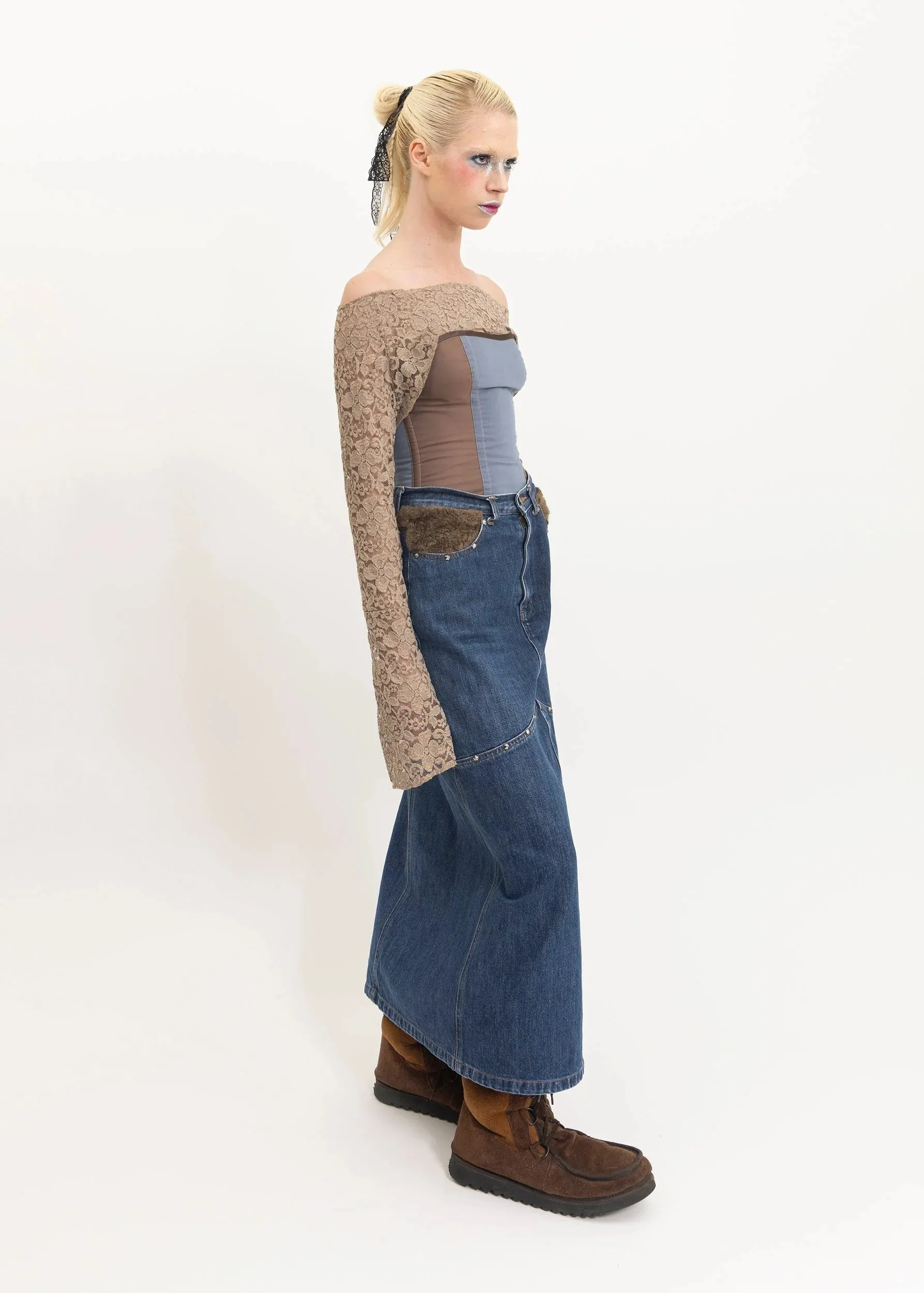 Faux fur insert denim maxi skirt