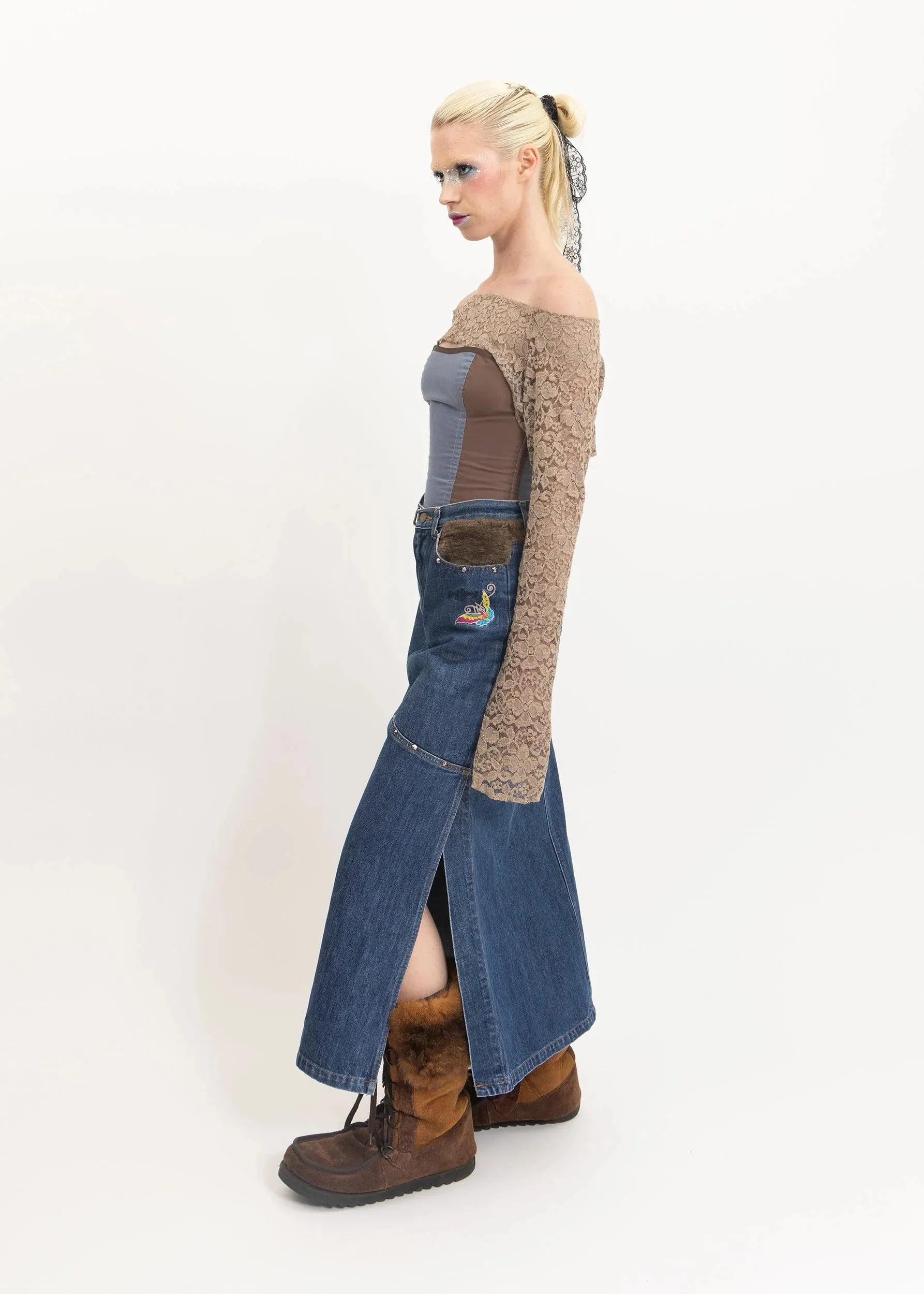 Faux fur insert denim maxi skirt