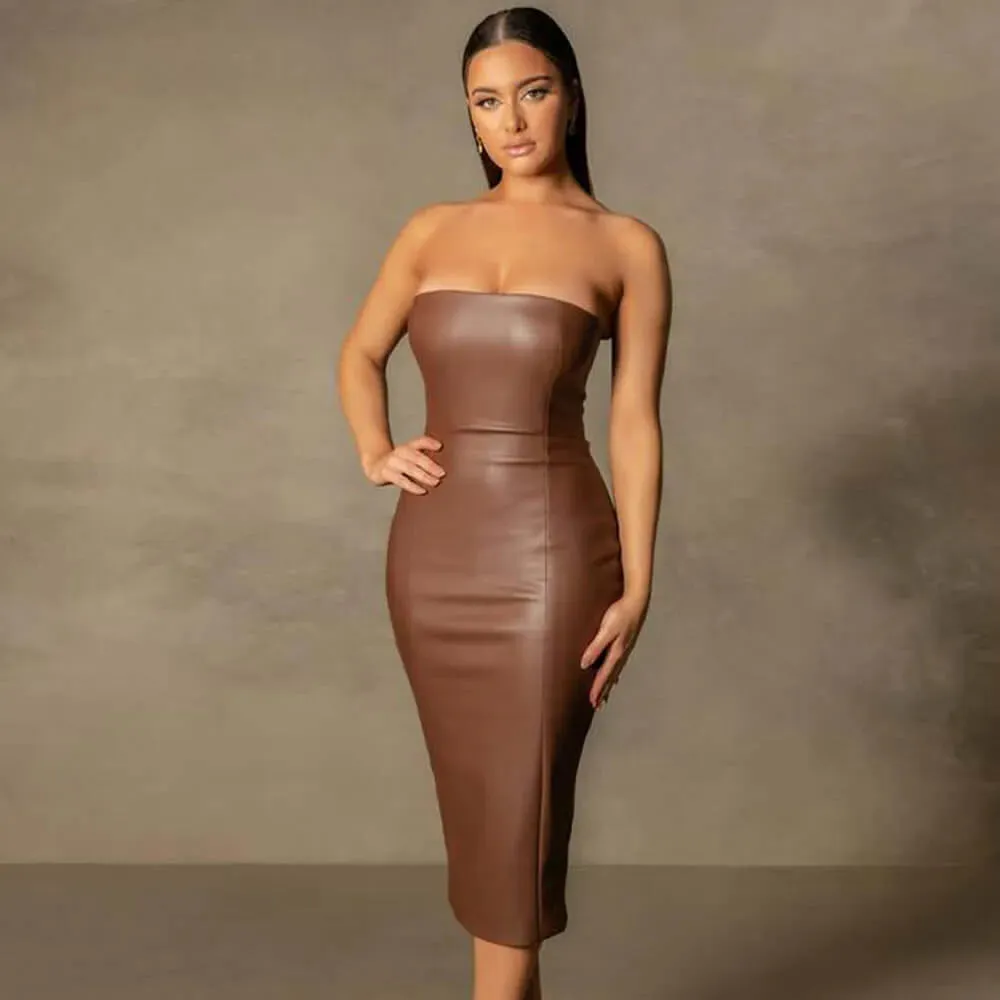 Faux Leather Tube Top Back Slit Sexy Midi Dress