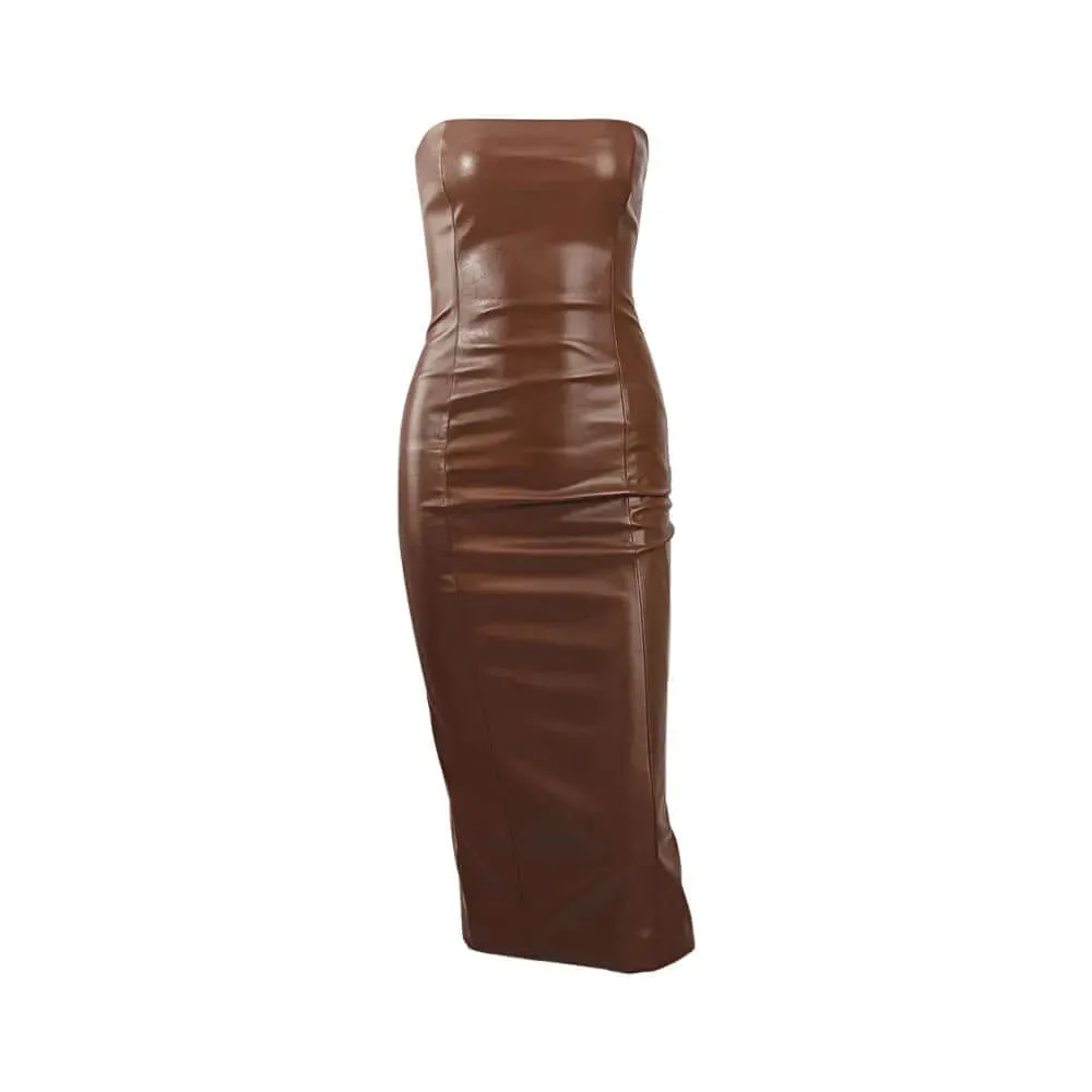 Faux Leather Tube Top Back Slit Sexy Midi Dress