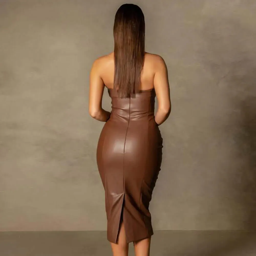 Faux Leather Tube Top Back Slit Sexy Midi Dress
