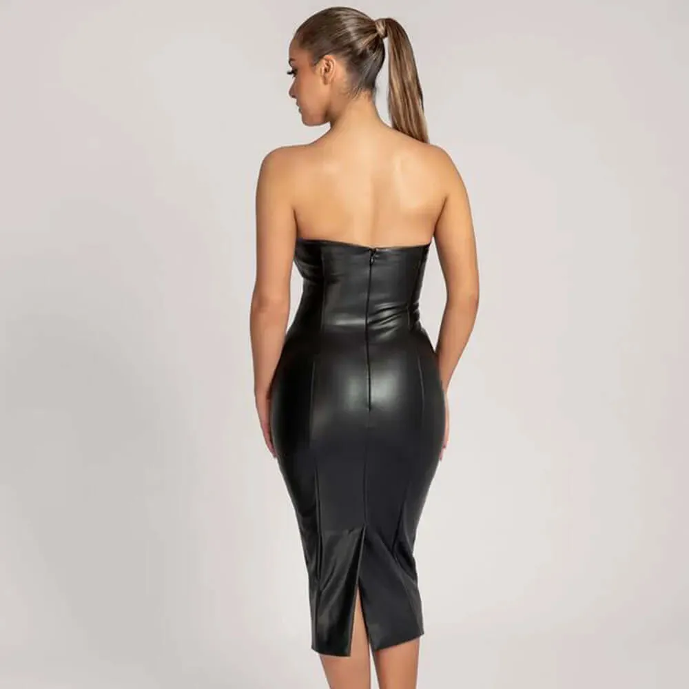 Faux Leather Tube Top Back Slit Sexy Midi Dress