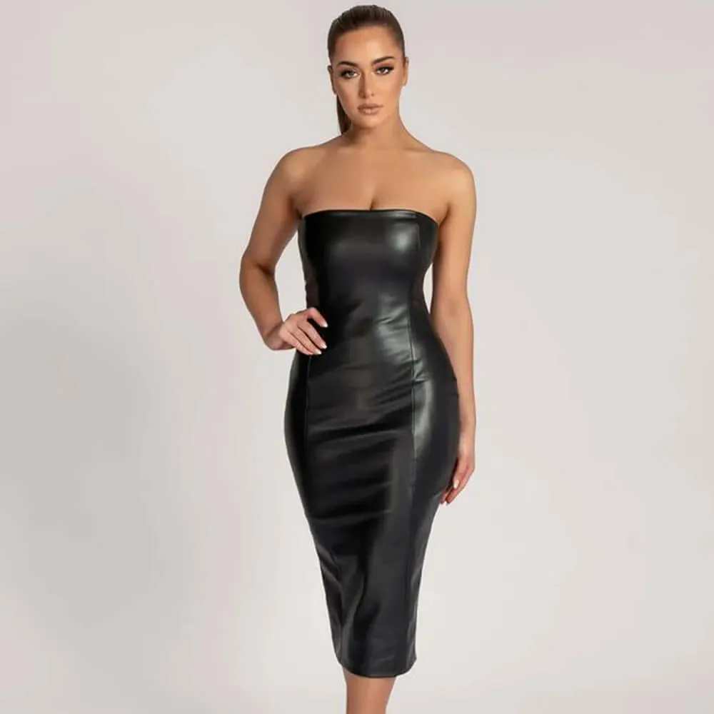 Faux Leather Tube Top Back Slit Sexy Midi Dress