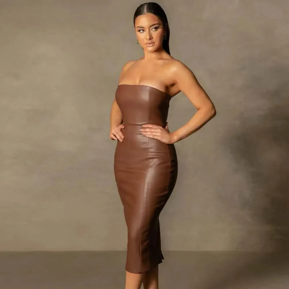 Faux Leather Tube Top Back Slit Sexy Midi Dress