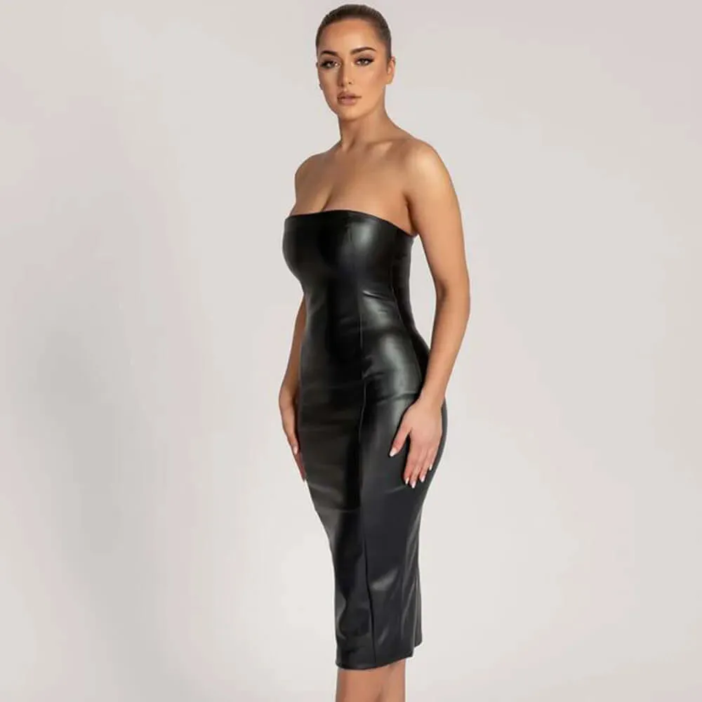 Faux Leather Tube Top Back Slit Sexy Midi Dress