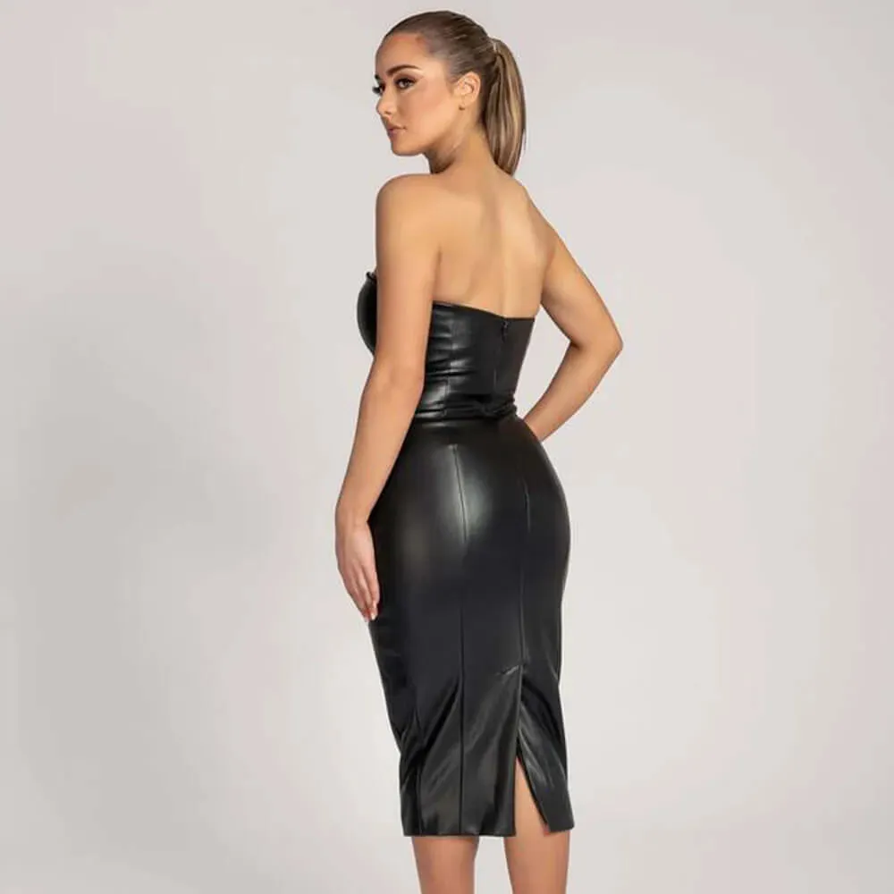 Faux Leather Tube Top Back Slit Sexy Midi Dress