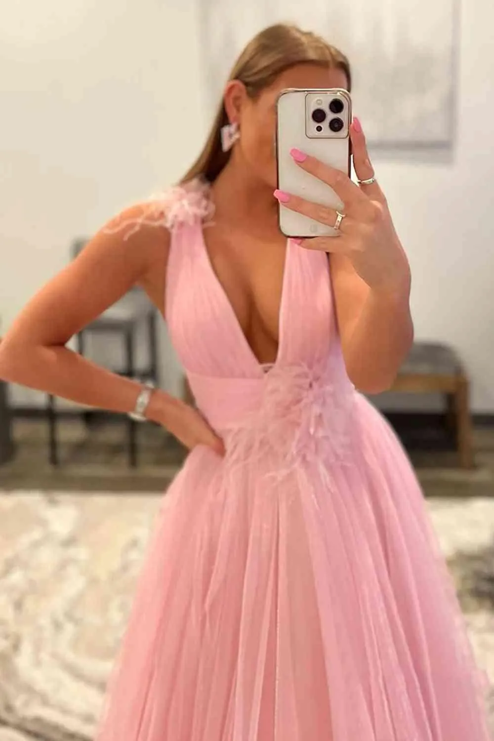 Feathers Backless Pink Plunging V-Neck Tulle Long Formal Dress TP1197