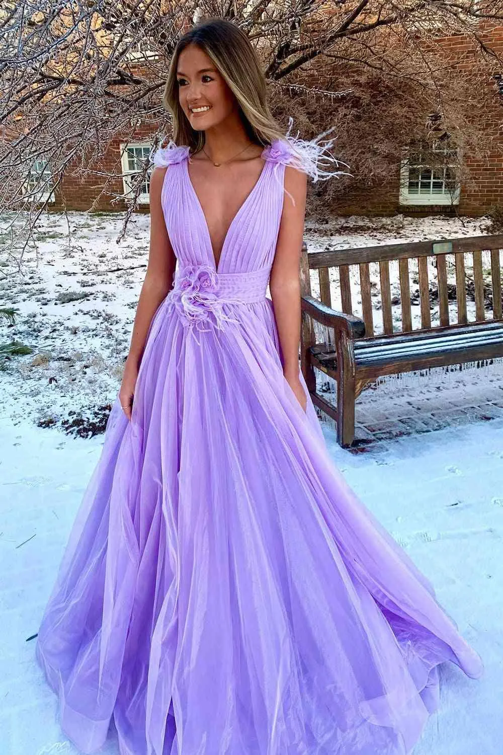 Feathers Backless Pink Plunging V-Neck Tulle Long Formal Dress TP1197