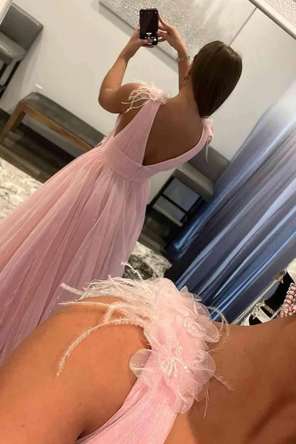 Feathers Backless Pink Plunging V-Neck Tulle Long Formal Dress TP1197