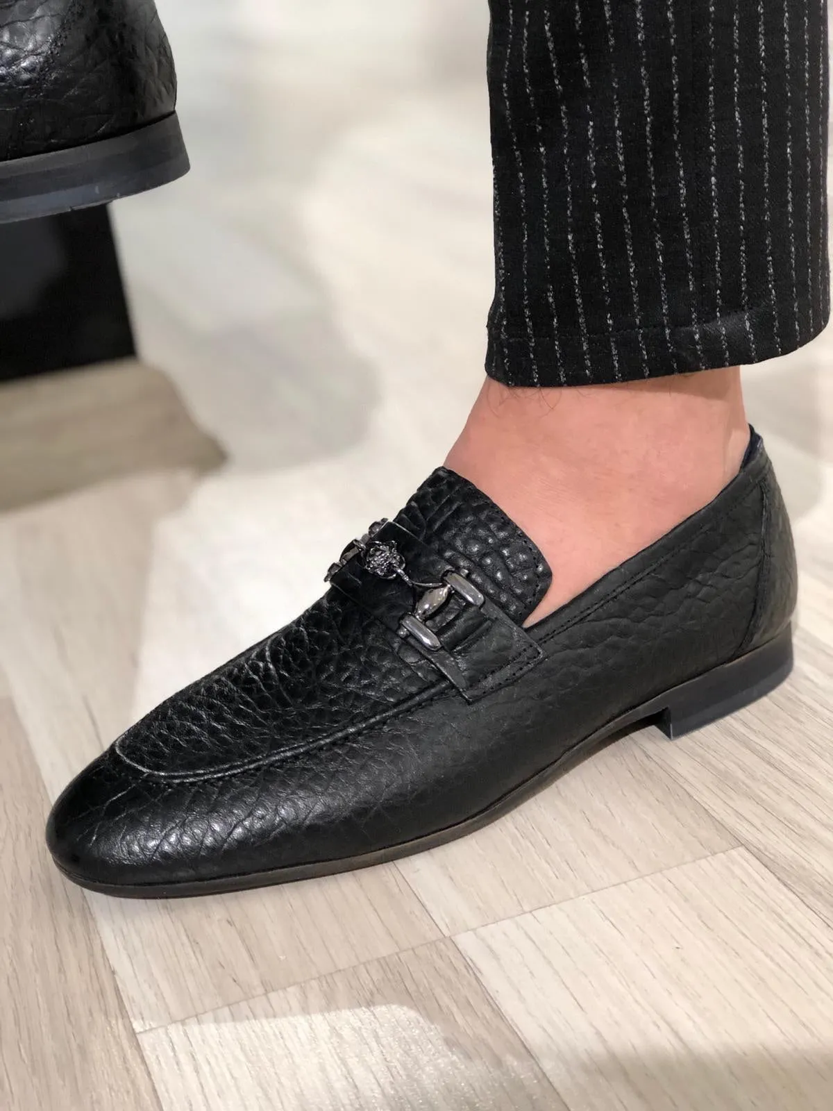Ferrar Buckled Black Leather Loafers