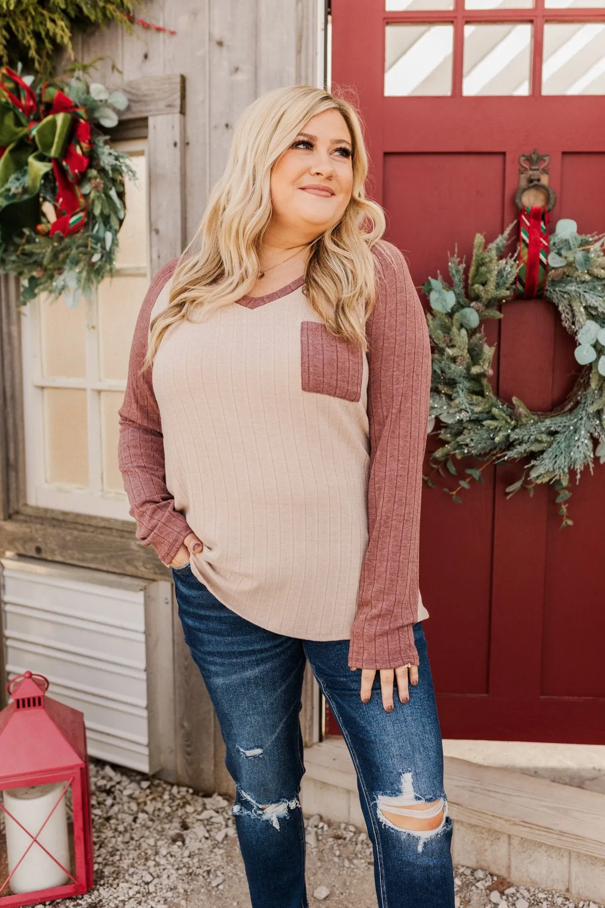 Figure Me Out V-Neck Top- Oatmeal & Mauve
