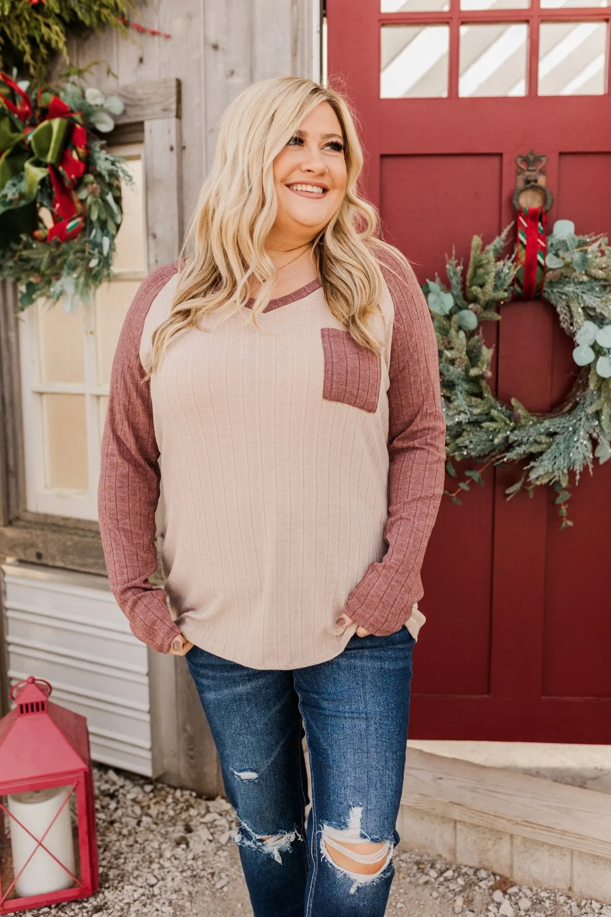 Figure Me Out V-Neck Top- Oatmeal & Mauve