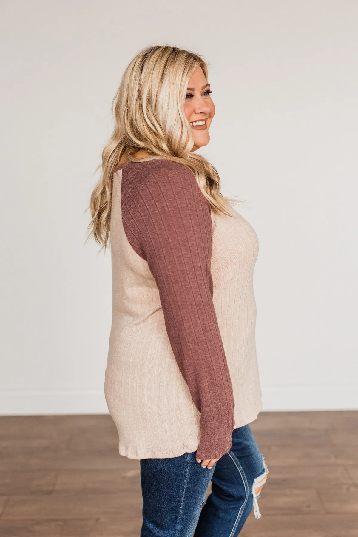 Figure Me Out V-Neck Top- Oatmeal & Mauve
