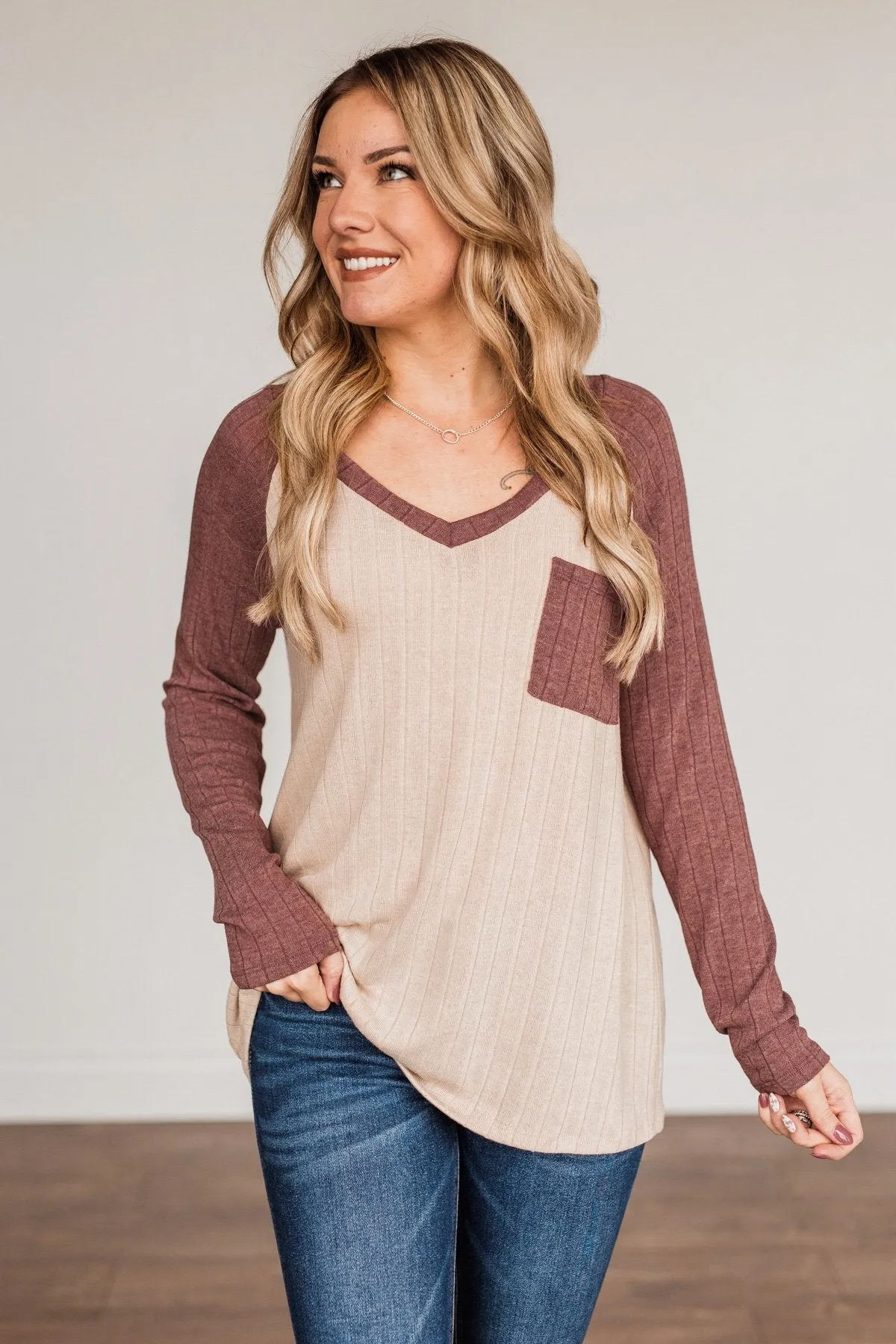 Figure Me Out V-Neck Top- Oatmeal & Mauve