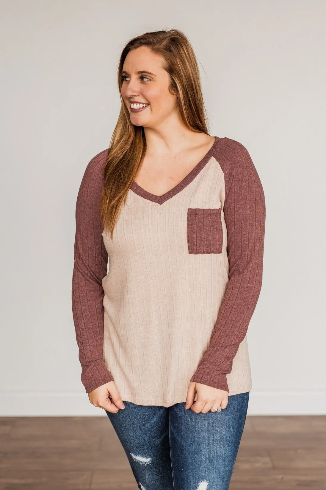 Figure Me Out V-Neck Top- Oatmeal & Mauve