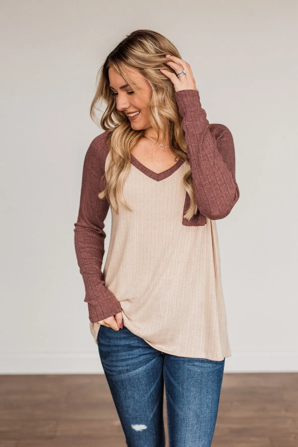 Figure Me Out V-Neck Top- Oatmeal & Mauve
