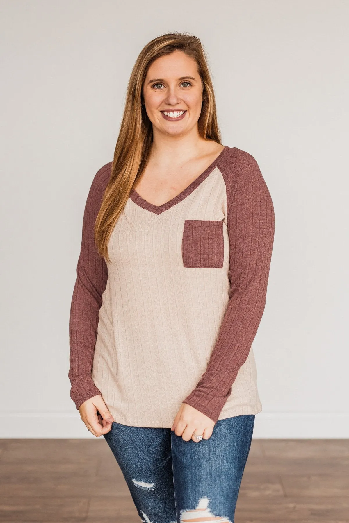 Figure Me Out V-Neck Top- Oatmeal & Mauve