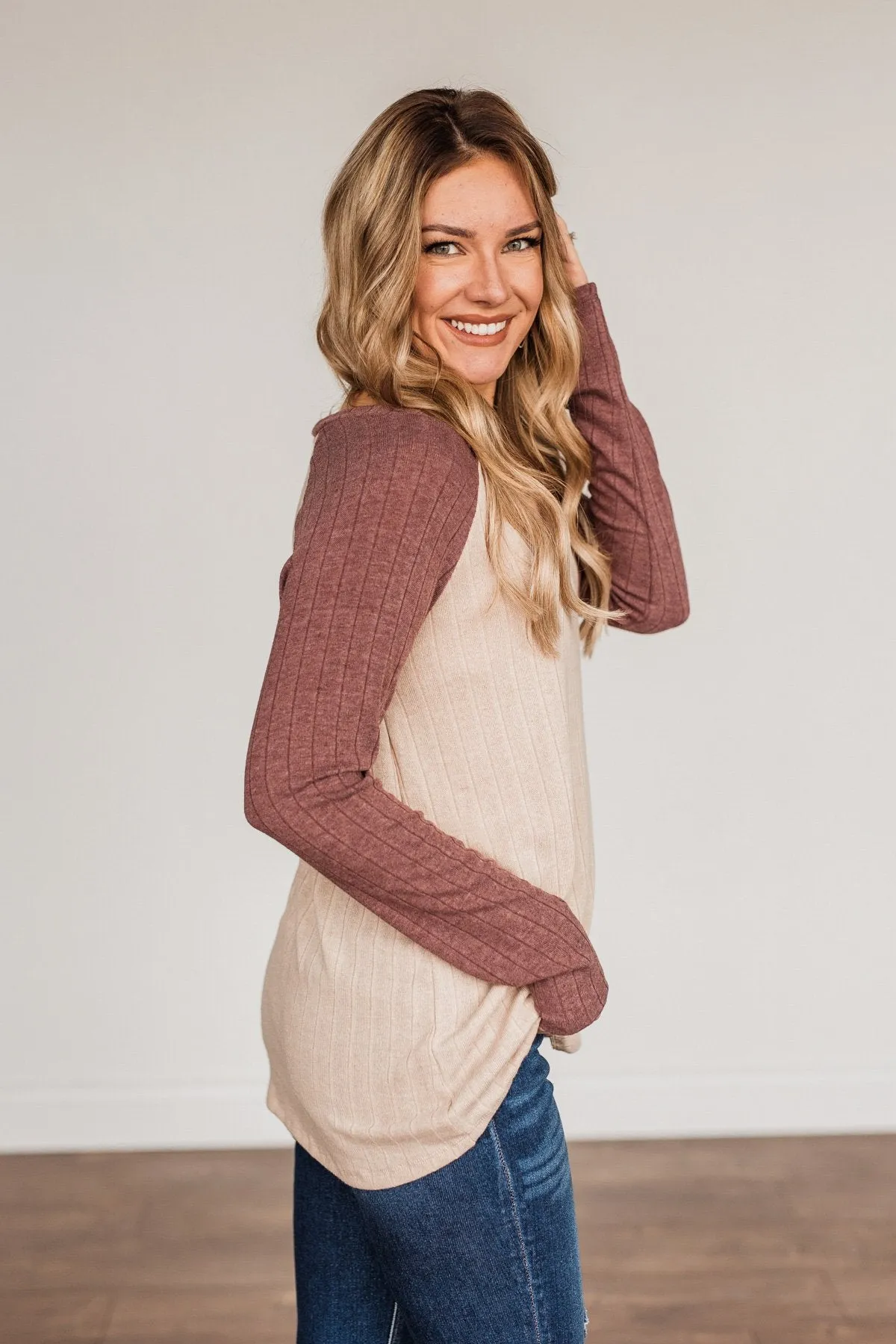 Figure Me Out V-Neck Top- Oatmeal & Mauve