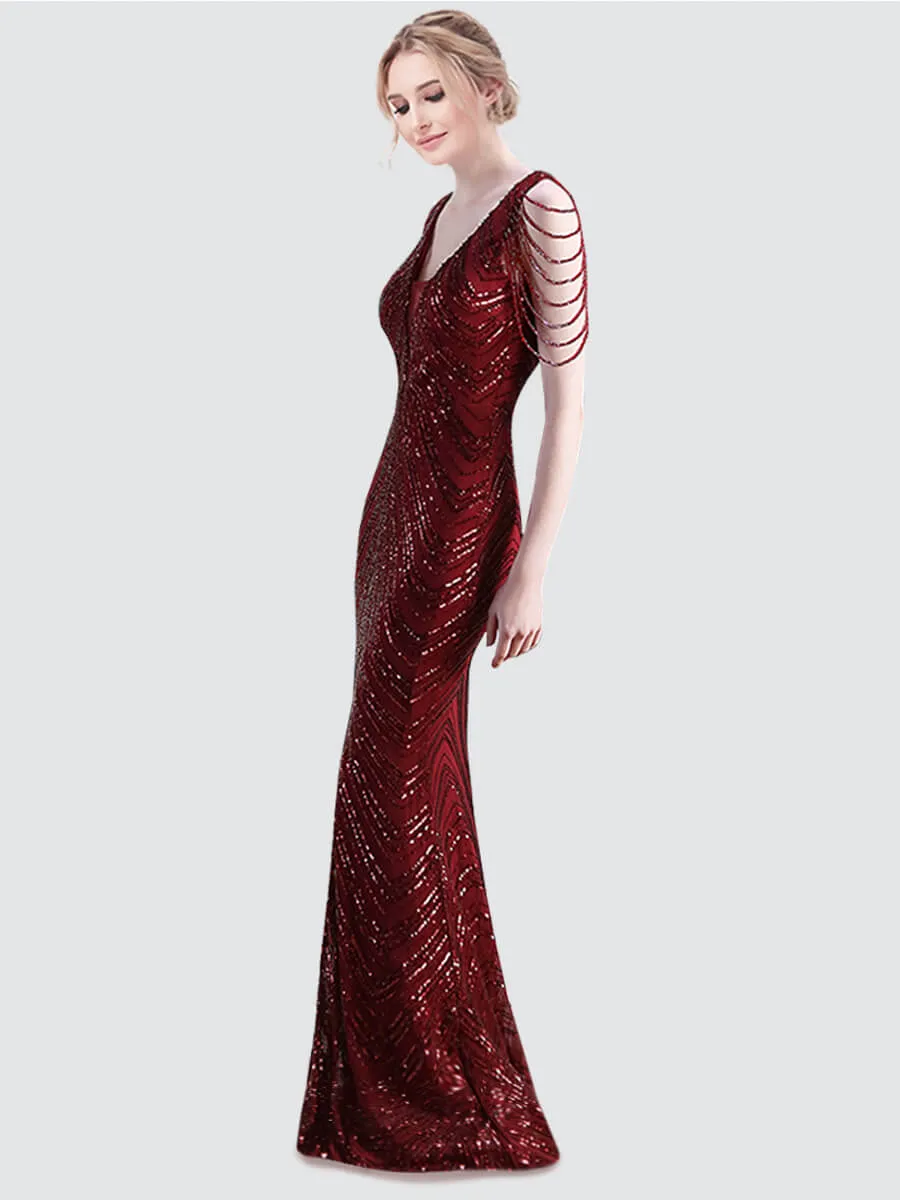 [Final Sale] Burgundy Beading Sleeves V-Neck Sequin Mermaid Gown