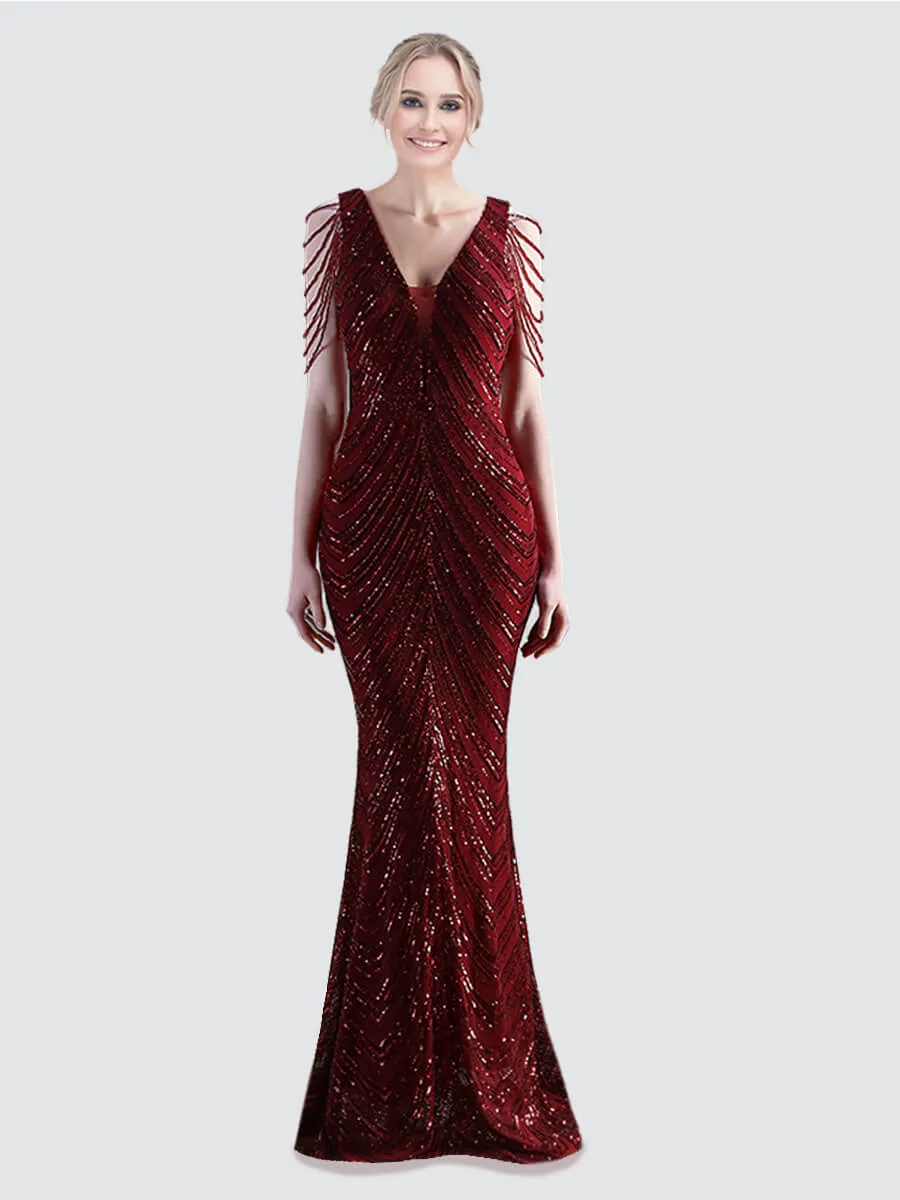 [Final Sale] Burgundy Beading Sleeves V-Neck Sequin Mermaid Gown