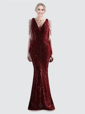 [Final Sale] Burgundy Beading Sleeves V-Neck Sequin Mermaid Gown