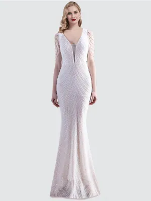 [Final Sale] White Beading Sleeves V-Neck Sequin Mermaid Gown