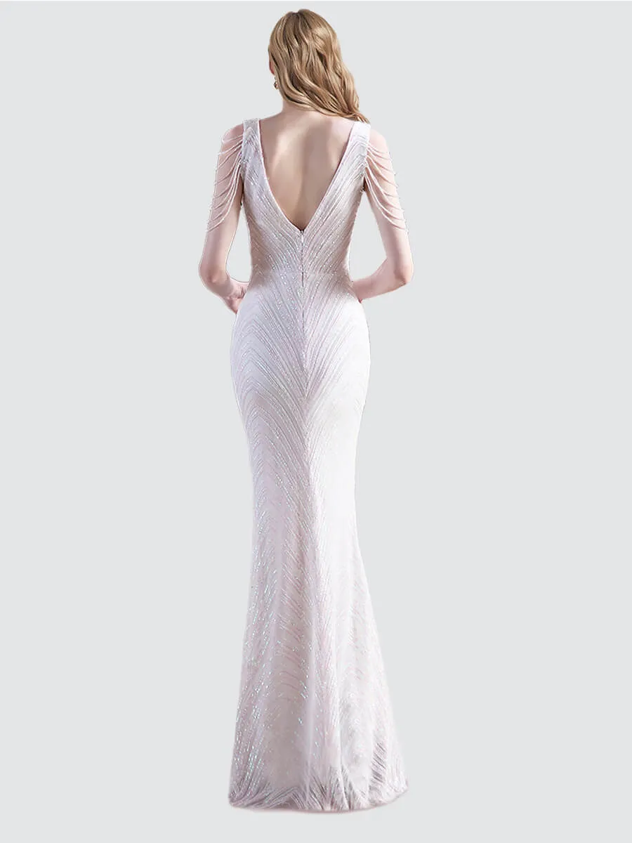 [Final Sale] White Beading Sleeves V-Neck Sequin Mermaid Gown