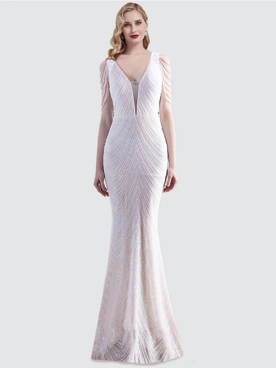 [Final Sale] White Beading Sleeves V-Neck Sequin Mermaid Gown