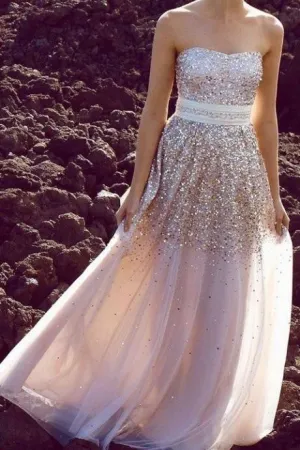 Floor-length Sequin Tulle Prom Dress with Sweetheart Neckline Gold Sequin Prom Dress,Gold Evening Dress,Bridesmaid Dress