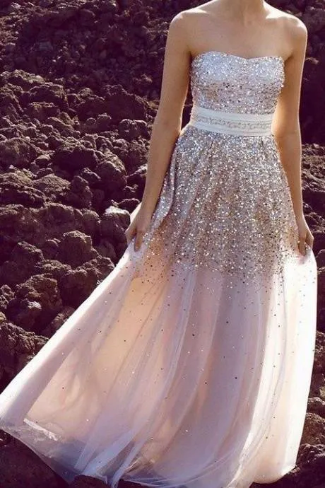 Floor-length Sequin Tulle Prom Dress with Sweetheart Neckline Gold Sequin Prom Dress,Gold Evening Dress,Bridesmaid Dress