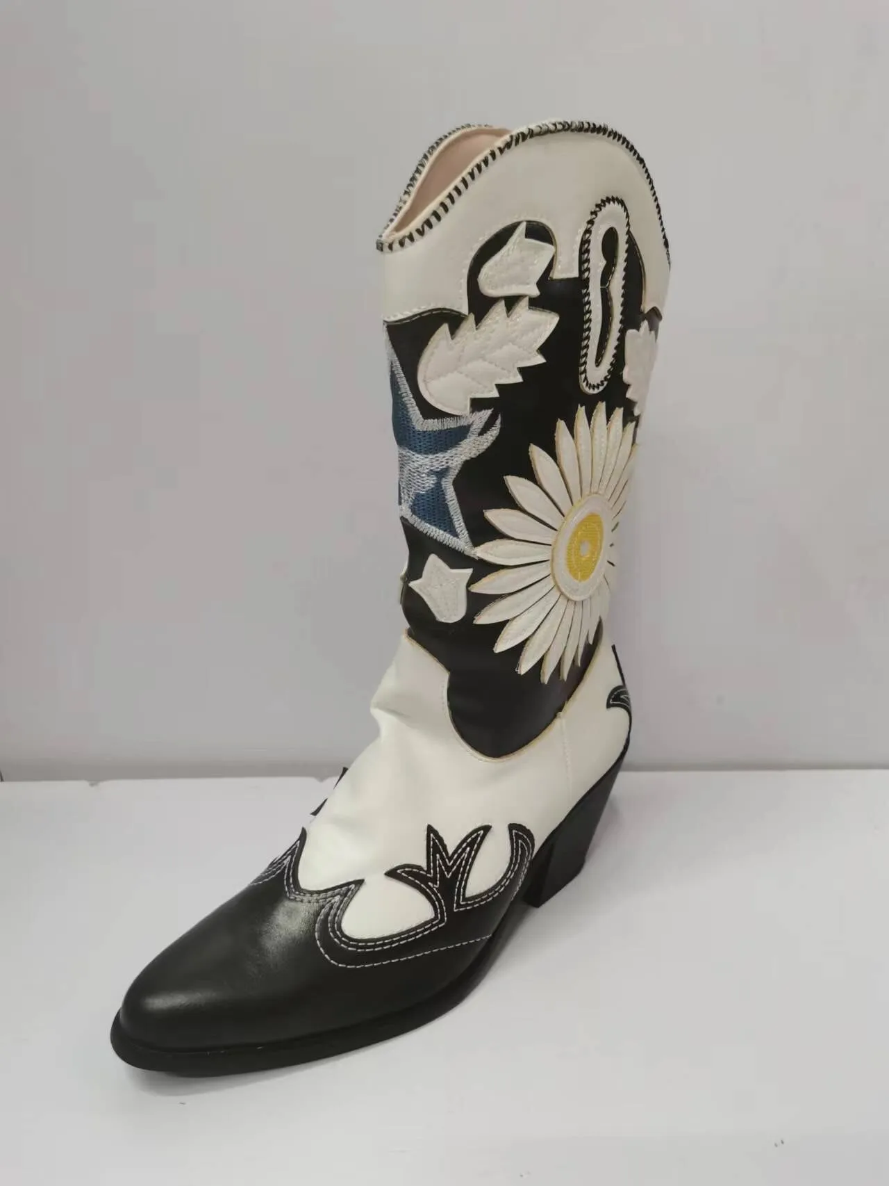 Flower Cowboy Boots Chunky Heels Wedge Women Luxury Shoes