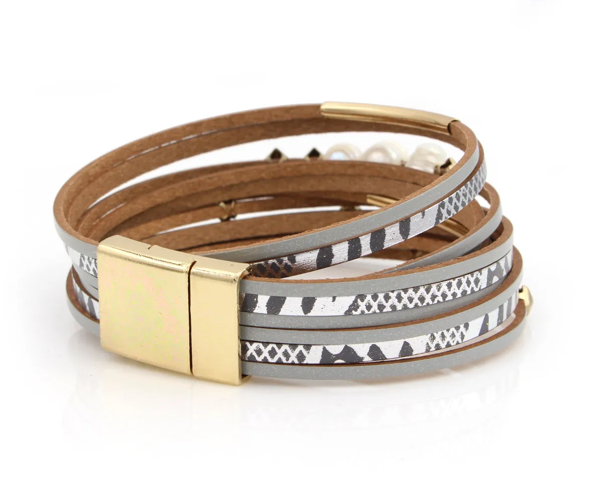 Geometric Gray Double Wrap Gold Pearl Bracelet