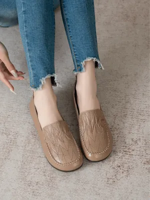 Geometry Stitching Upper Leather Loafer - Tan