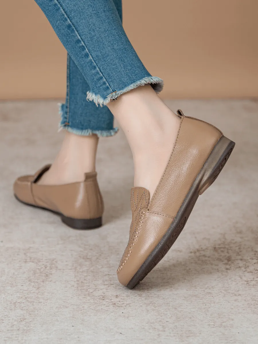 Geometry Stitching Upper Leather Loafer - Tan