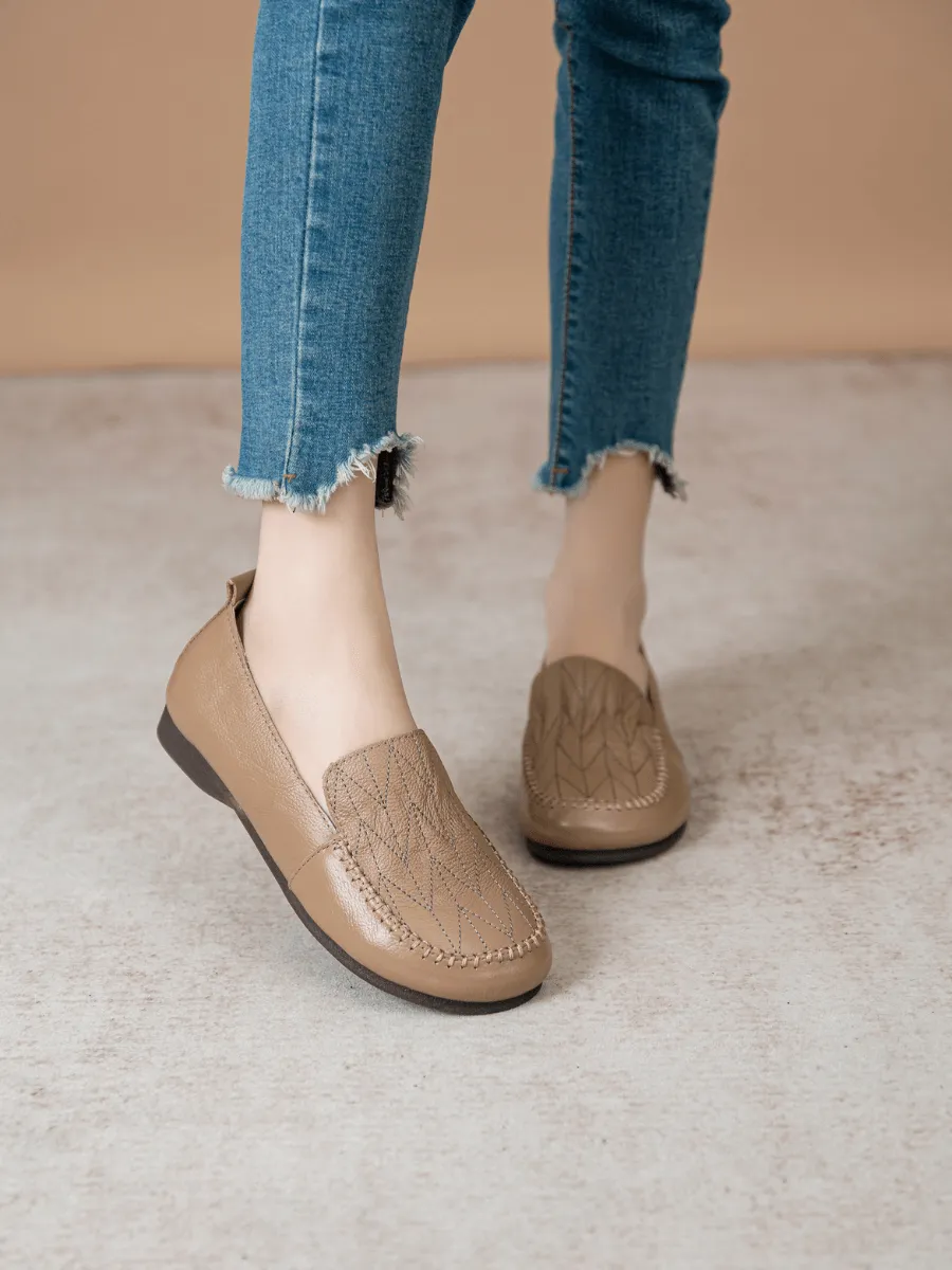 Geometry Stitching Upper Leather Loafer - Tan